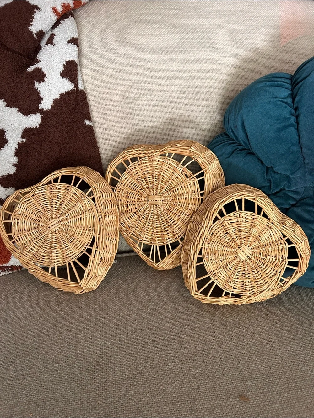 Natural Woven Heart Nesting Basket Trio - Light Brown Boho Home Decor